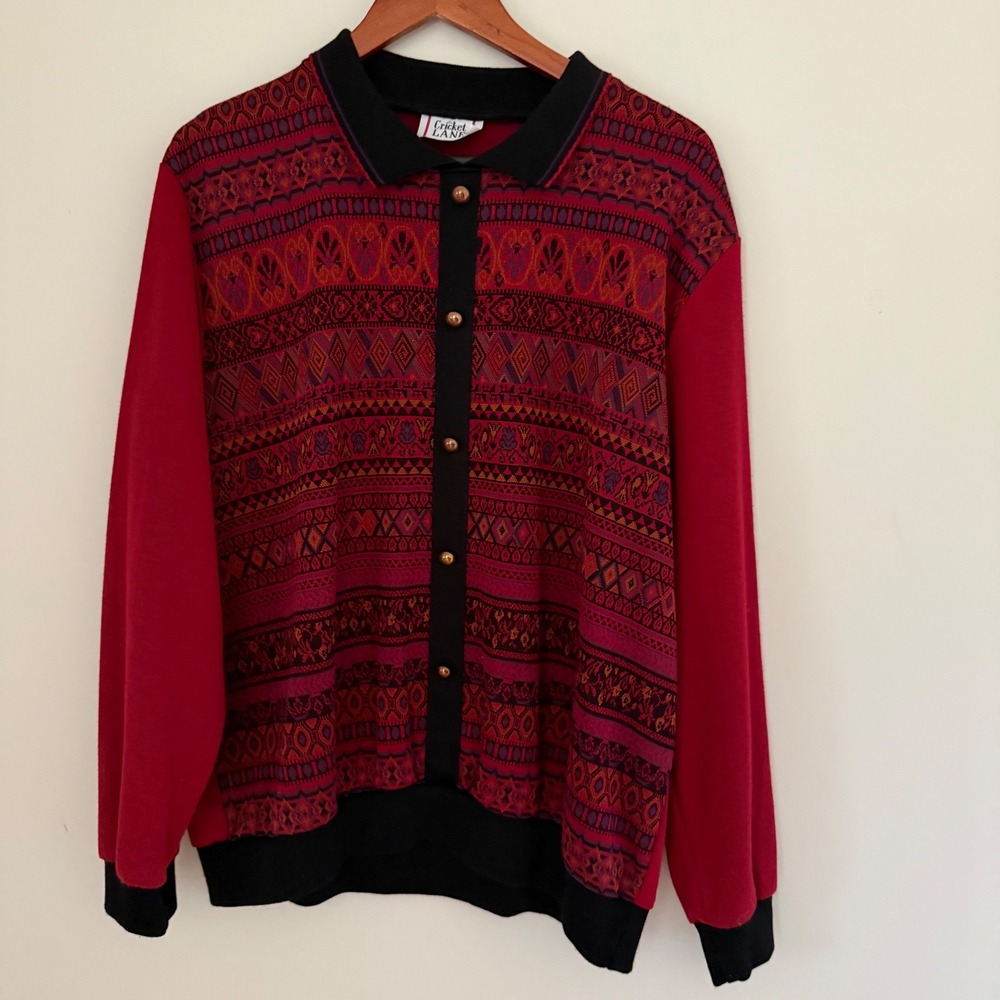 Vtg Cricket Lane Fair Isle Knit Sweater Black Button Front 80/90Nordic Geometric